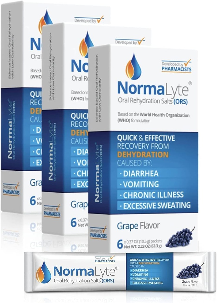 NormaLyte Doustne opakowania do nawadniania Salts- 18 Sticks (Jałówki 500 ml na opakowanie) - winogrona 124; Suplementy energetyczne, Suplement potasu, Odzysk odwadniania i szybkie wchłanianie