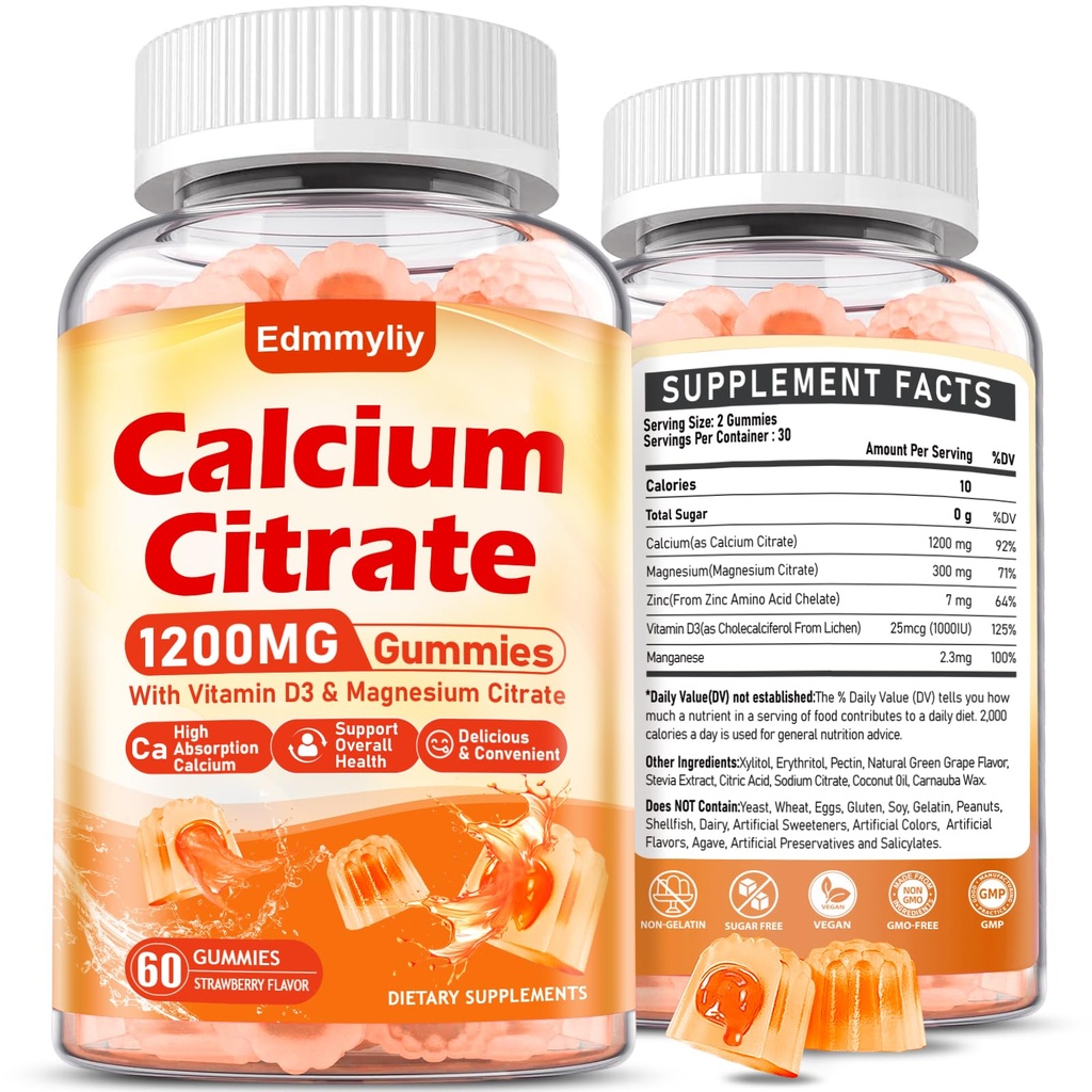 Suplement do cytrynianu wapnia Gummie dla dorosłych - Bezcukrowy cytrynian wapnia 1200 Mg z magnezem 300 Mg i witaminą D3 - Organiczne suplementy wapnia do żucia dla kobiet i mężczyzn