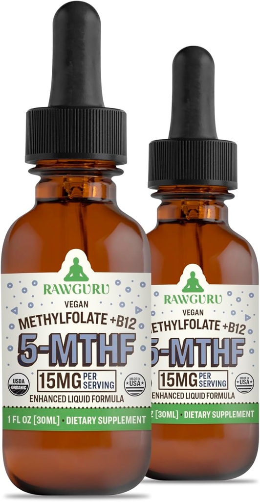 RawGuru L- Metylfolan 15 mg + Witamina B12 - Metylowany Wegan organiczny B12 z Minerałami śladowymi - Nanoprocesowana i ulepszona formuła cieczowa - 300 Kropli Wegan Servings na 30 ml, Opakowanie 2
