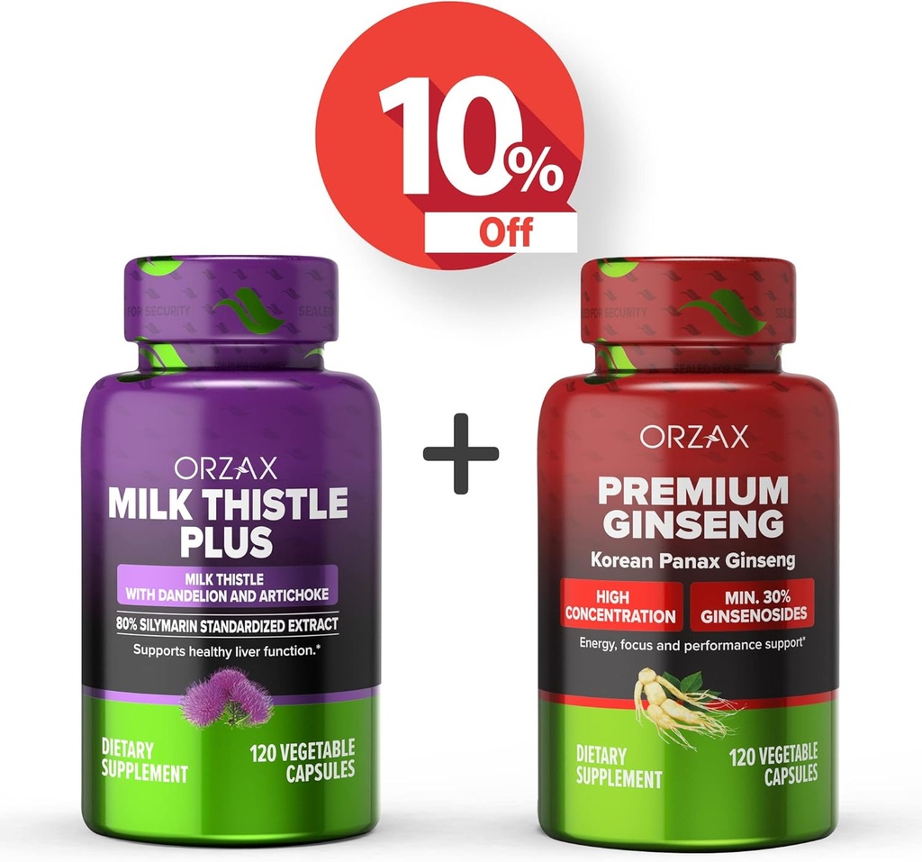 ORZAX Mleko Thistle Plus 120 Kapsułki wegetatywne i Premium Ginseng 120 Kapsułki wegetatywne, Bundle