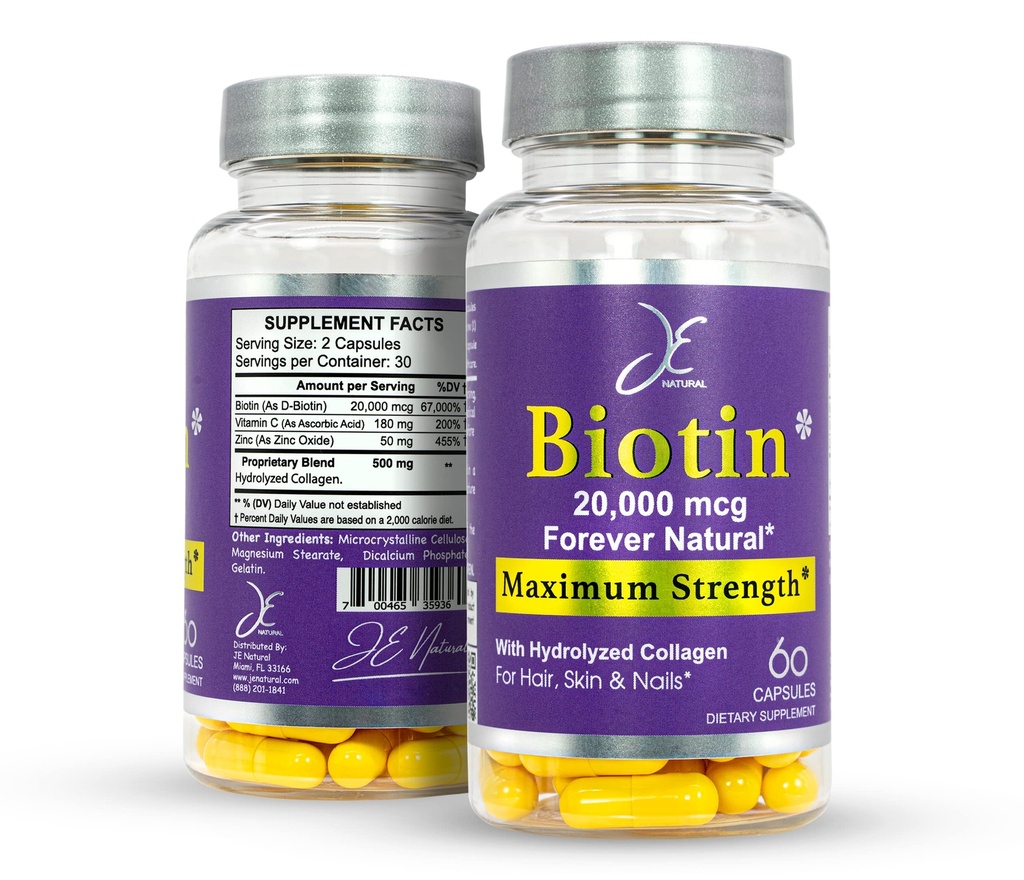 JE Natural Biotin Hair Skin and Nails Witaminy, Witamina C, Biotin i Kolagen Suplementy, które sprawiają, że włosy rosną szybciej i dłużej, dla wszystkich wieków, 60 Kapsułki Biotin 20000mcg Maksymalna wytrzymałość.