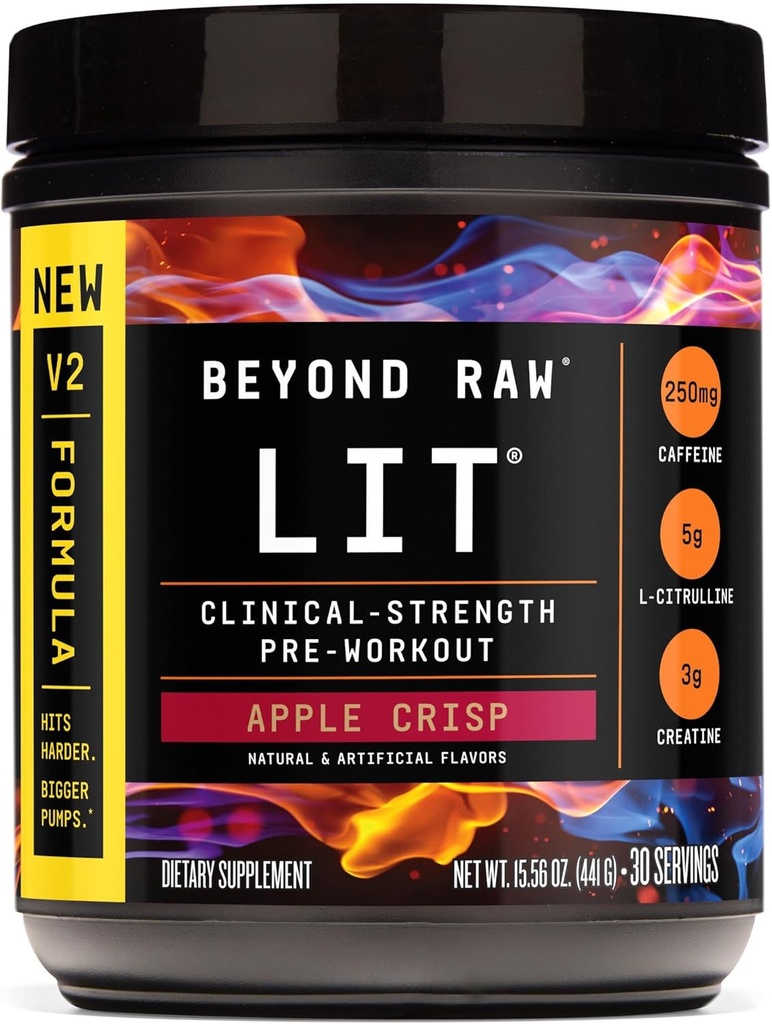BEYOND RAW LIT V2 Siła kliniczna przed treningiem Proszek, Uderzenia twardsze, większe pompy, Kofeina, L- Citrulina, Kreatyna, Jabłko Crisp, 30 Służenie
