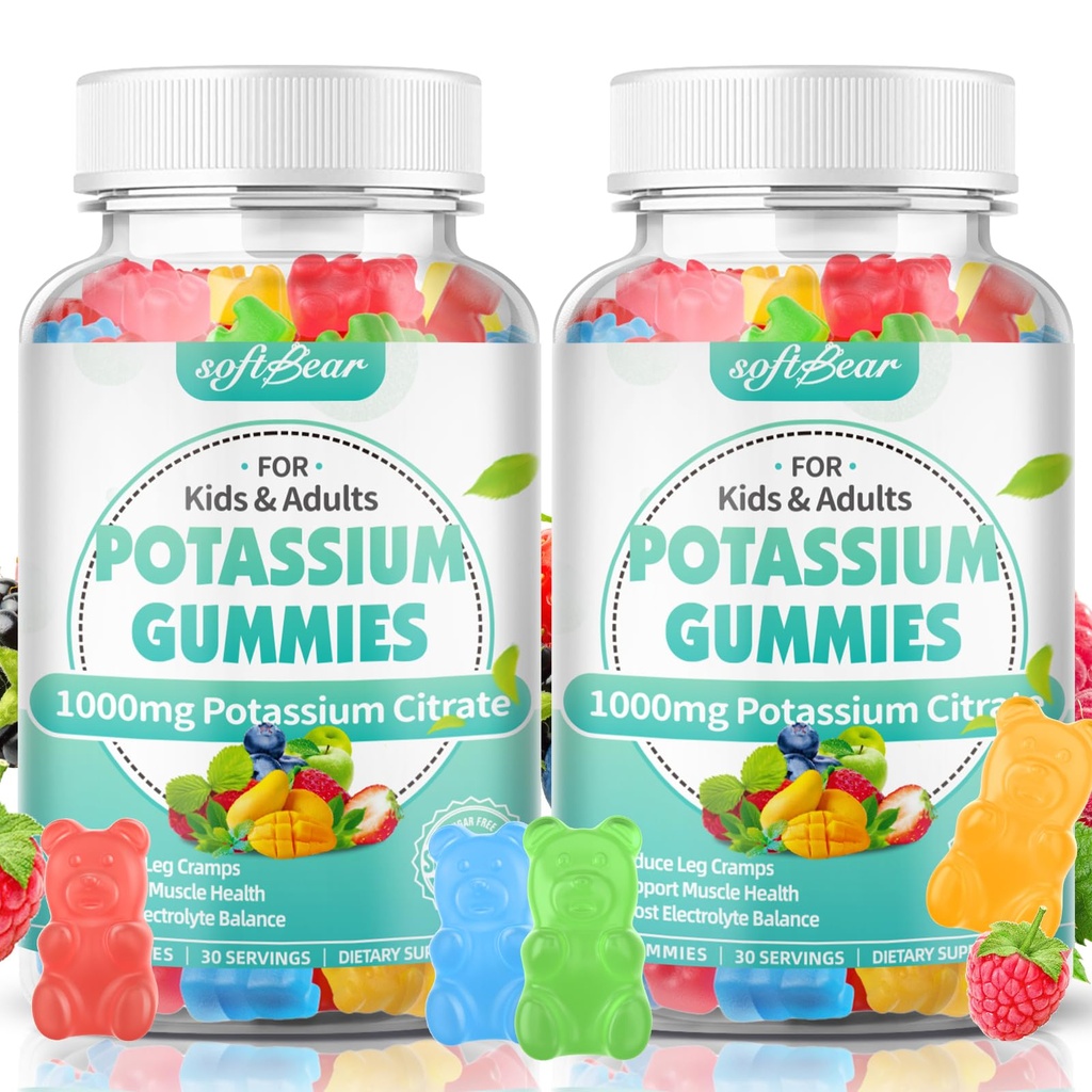 softbear Potasu Citrate Gummies, Wysoka potencja Potasu Citrate 1000mg Supports Leg Cramps & Muscle Health Potasu Gummies dla dorosłych i dzieci mieszany aromat owoców 120 Count