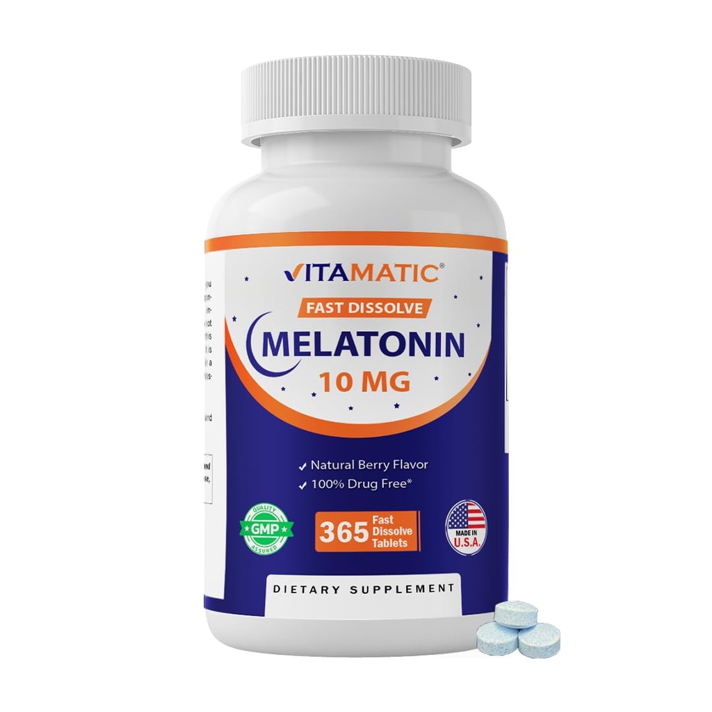 Melatonina Vitamatic 10 mg szybko rozpuszczalne tabletki - Quick- Rozpuszczające suplement wsparcia snu dla dorosłych - wegetariańskie, Non- GMO & Gluten- Free Natural Berry Flavor - 365 Tabletki
