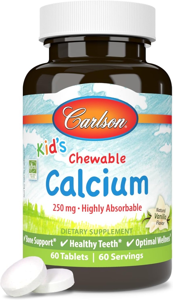 Carlson - Kid 's Chewable Wapń, 250 mg, Wysoko wchłaniany, wsparcie kości i zębów, Optimal Wellness, Natural Vanilla Flavor, 60 tabletek