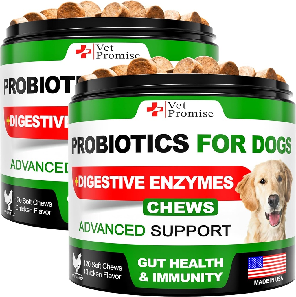 (2 Pack) Probiotyki dla psów - Probiotyki psów i Enzymy trawienne dla Gut Health, Swędząca Skóra, Alergie, Immunitet, Równowaga drożdży - Prebiotyki - Redukcja Biegunka, Gaz - 240 Probiotyczne Przeżuwki dla psów