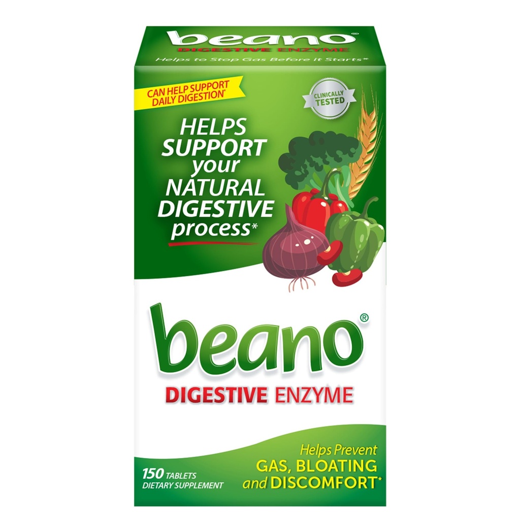 Beano Digestive Enzyme, Prevestive Gas Relief dla dorosłych, Pomaga Zapobiegać Gaz & Bloating, 150 Tabletki