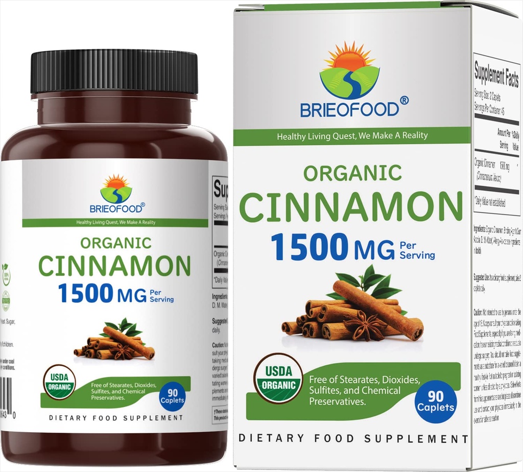 Brieofood Organiczny cynamon 1500mg, 45 Służenia, Wegetarianin, Gluten Free, 90 Tabletki wegetariańskie