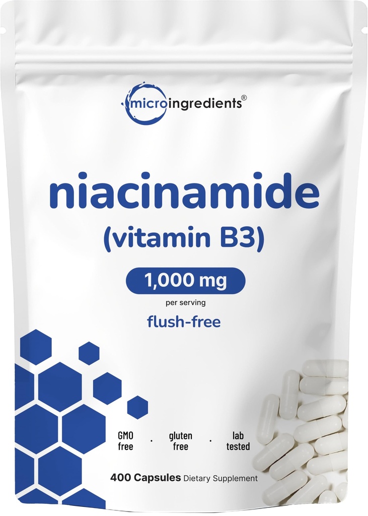 Witamina B3 Niacynamid 500 mg na kapsułkę, 400 kapsułek 124; 1000 mg spłukiwanej niacyny na porcję, Esential B Suplement witaminy 124; Zdrowie skóry i wsparcie energetyczne 124; Non-GMO, Gluten wolny