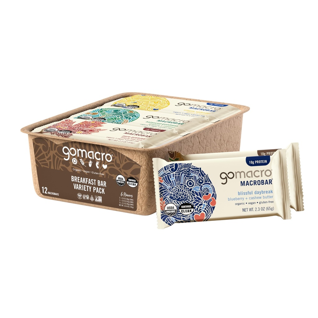 GoMacro Macrobar Organic Vegan Protein Bary, Śniadanie Variety Pack, 12 Count