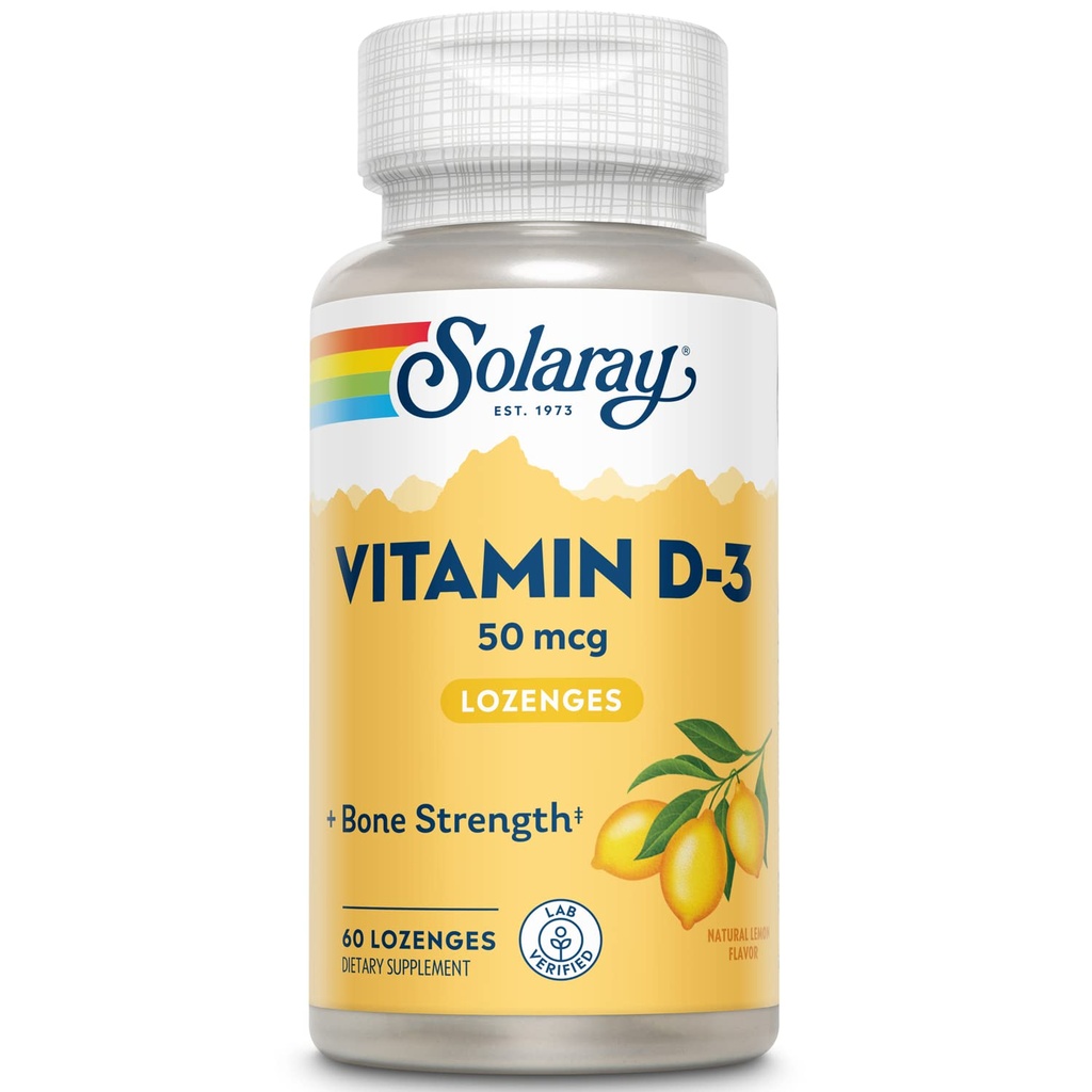 SOLARAY Witamina D3 Lozenges 50mcg - 2000j.m. D3 Witamina - Silne kości, Mięśnie i Wsparcie immunologiczne - Naturalny Lemon Flavor - Laboratorium zweryfikowane, 60- Day Guarantee - 60 Sługi, 60 Lozenges