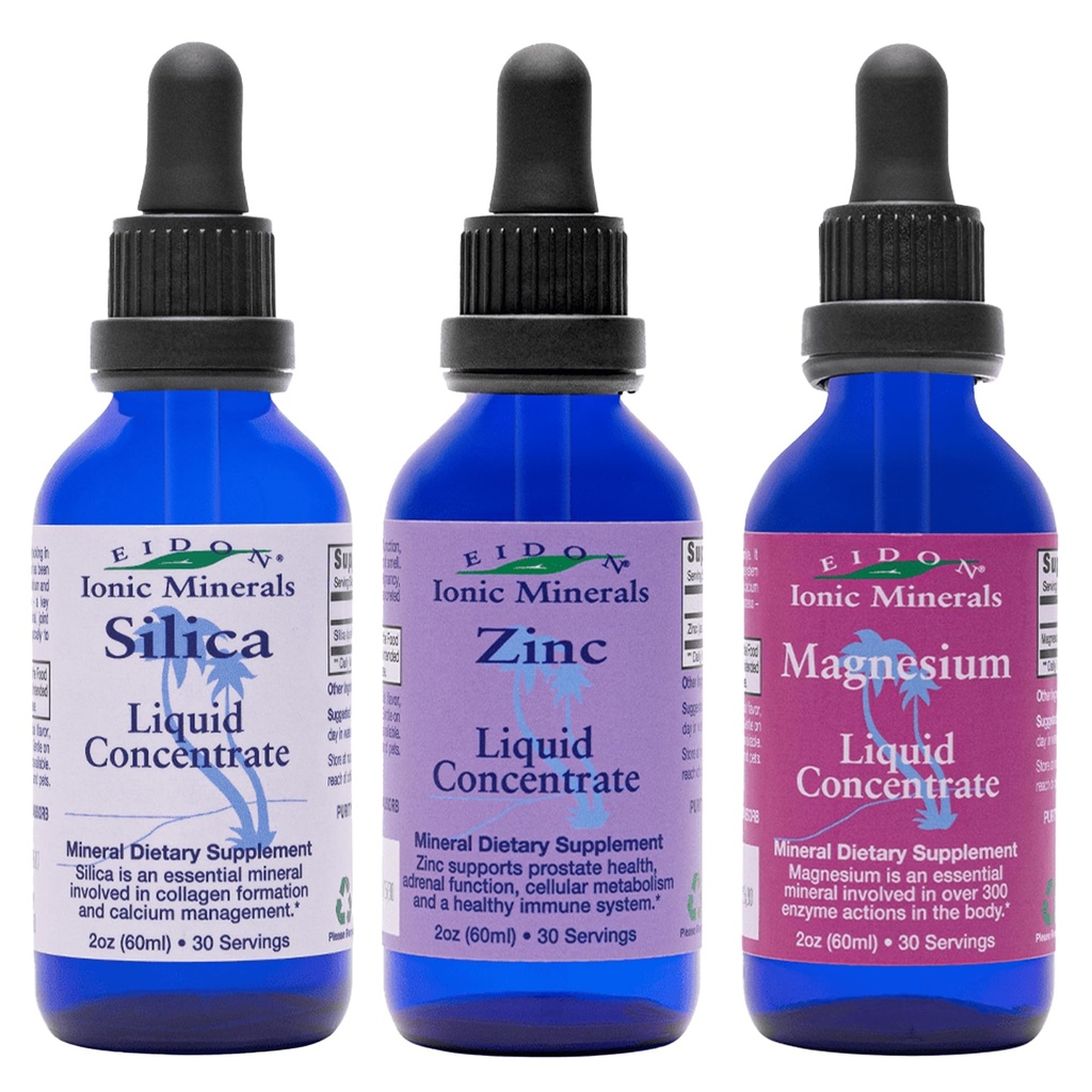 Eidon jonowe minerały ciekłe Silica, Cynk, & Magnezu Drops Variety Pack - Silica, Cynk, & Magnezu Suplementy, All- Naturalne minerały śladowe, Brak konserwantów lub dodatków - 2 oz, Opakowanie po 3