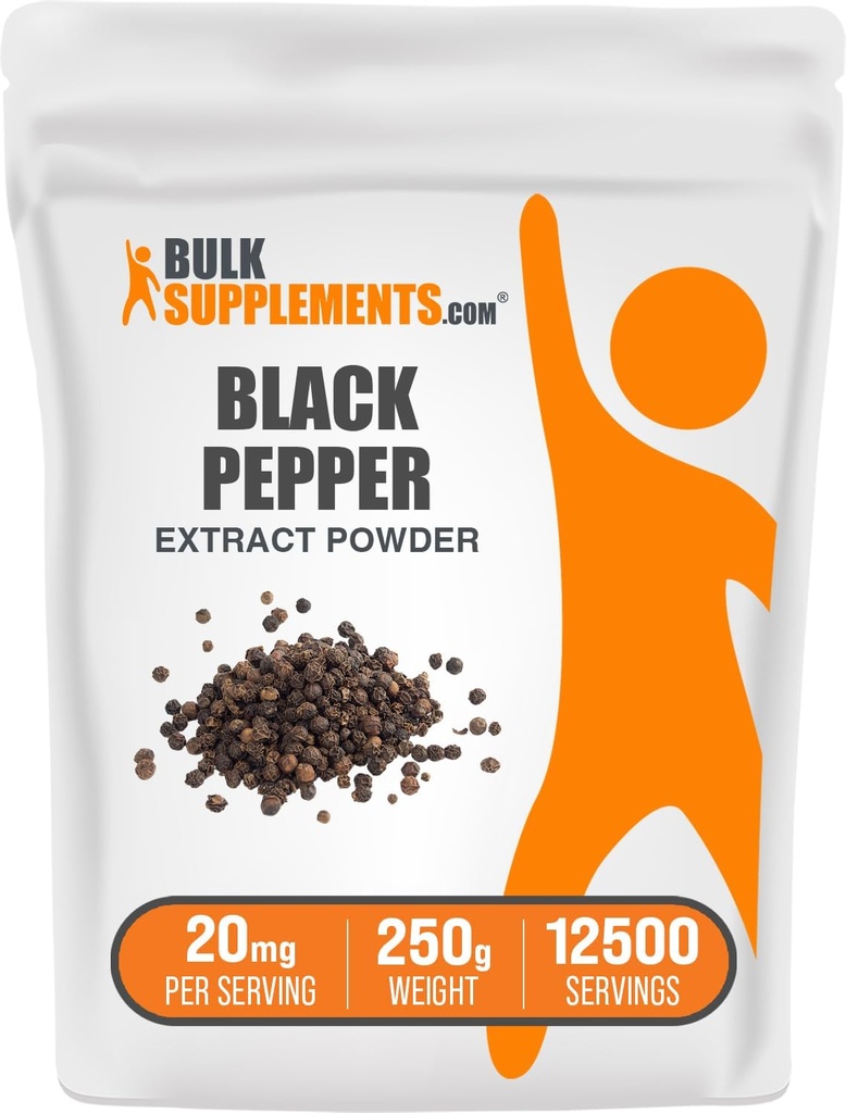 BulkSupplements.com Black Pepper Extract Powder - Black Pepper Supplements, Piperine Supplements - Vegan & Gluten Free, 20 mg na jedną porcję, 250g (8.8 oz) (opakowanie po 1)