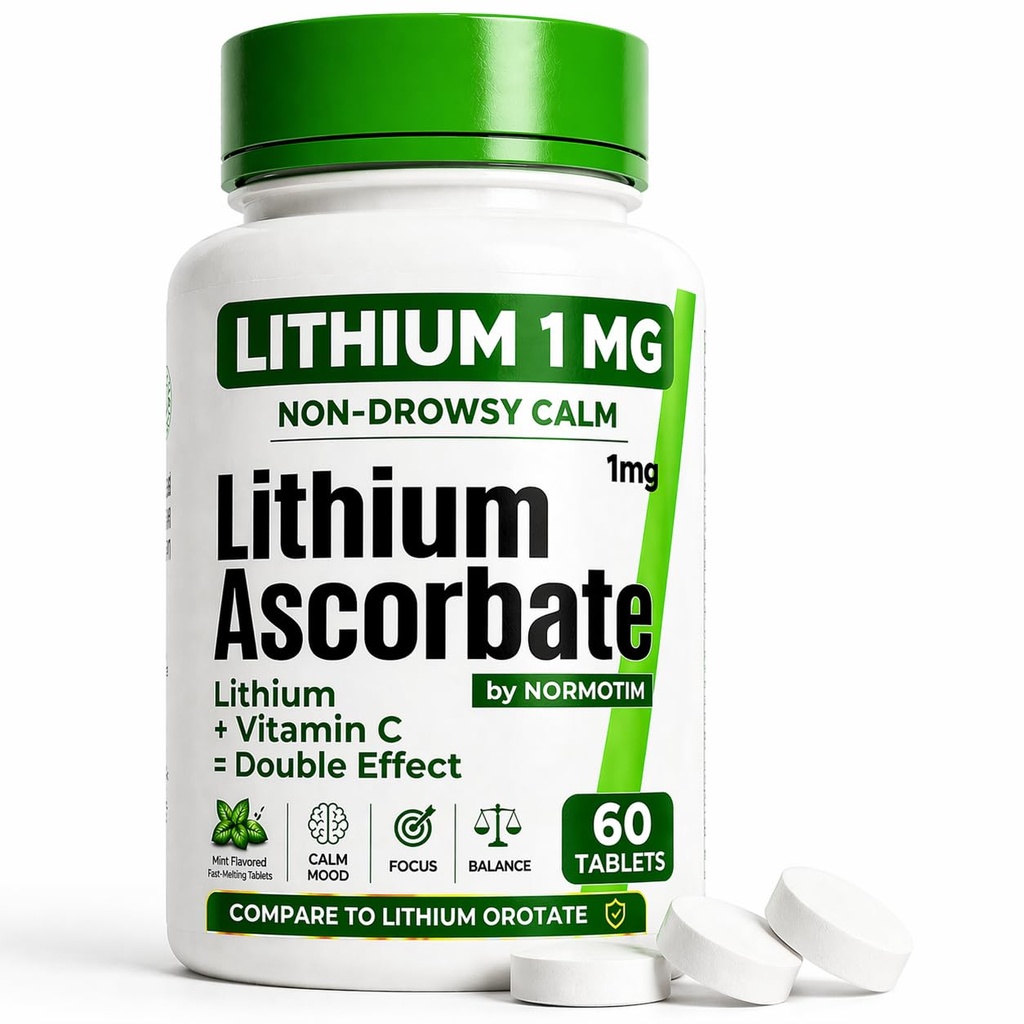 Askorbinian litu 1mg - Bezpieczna alternatywa dla Orotu litu - Mikrodawka Suplement litu do nastrojów, Focus & Calm - Wsparcie witaminy C - 60 Tabletów - Made in USA