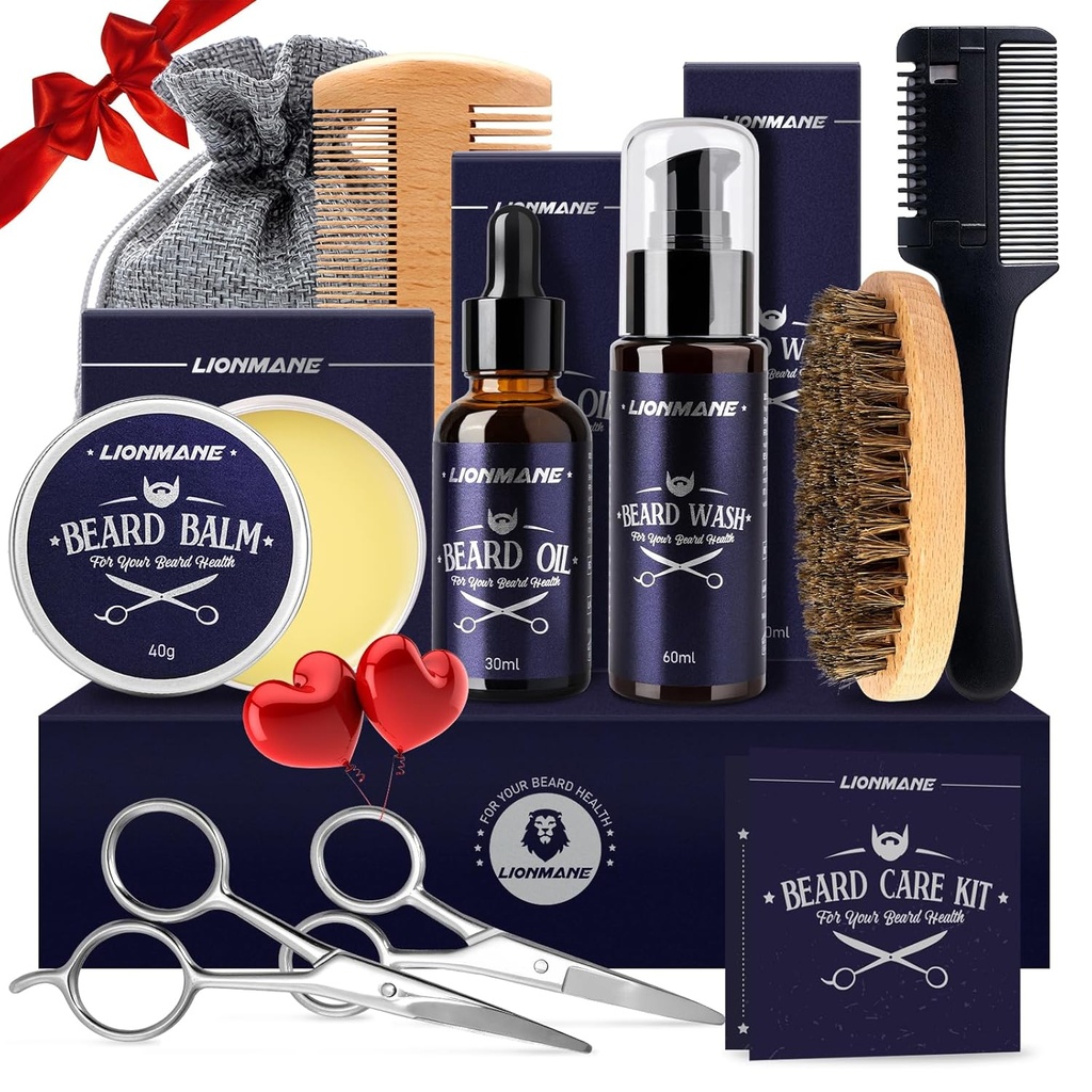 Lionmane Beard Care Prezenty świąteczne Zestaw dla mężczyzn, Brody Muske Grooming Kit- Beard Ball, Brody Wash, Beard Oil, Szczotka, Nożyczki, Urodziny Rocznica Dziękczynienia prezenty dla męża / Chłopak / Tata / On