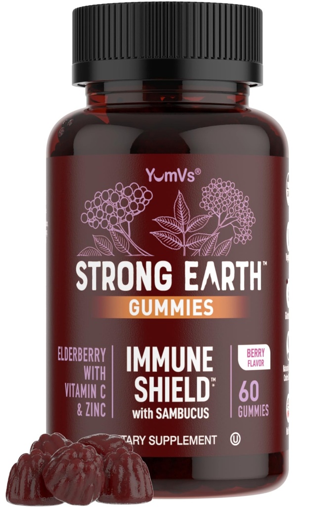 Strong Earth Gummies Elderberry - Sambucus Elderberry immunologiczne Wsparcie z witaminą C & Cynk - Czarne Gummeje Elderberry, Berry Flavor, Non- GMO, Gluten Free, Kosher - 60 Hrabia