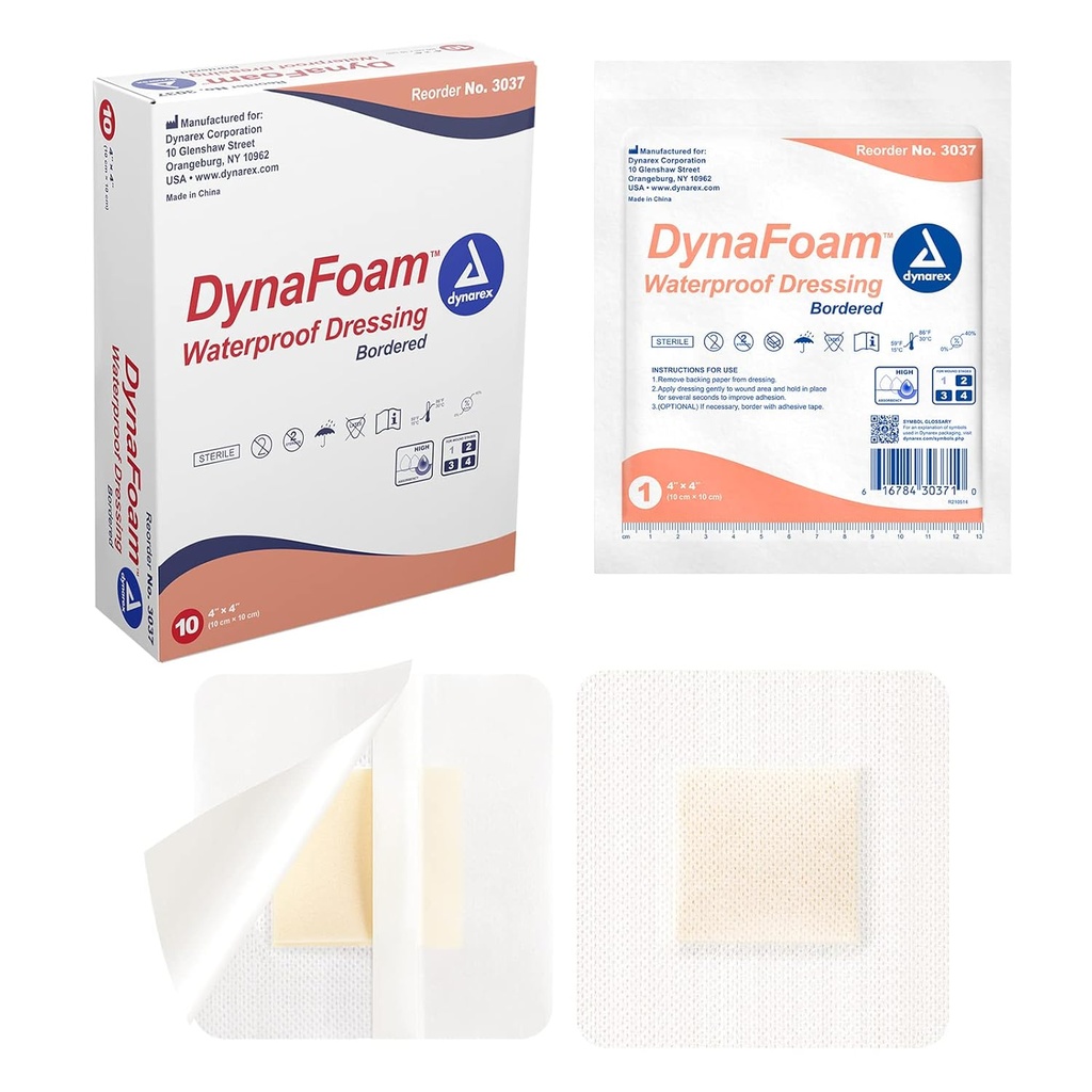 Dynarex Dynafoan Waterproof Borded Adhesive Foam Dressing Bandage, 4 "x 4", 10 Count