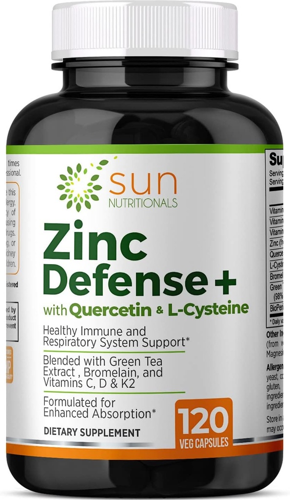 Zinc Defense+ with Quercetin, Bromelain, L-Cysteine, EGCG (Green Tea Extract), Vitamins C, D3 & K2, 2-Month Supply, 120 VCaps, Non-GMO, Gluten Free