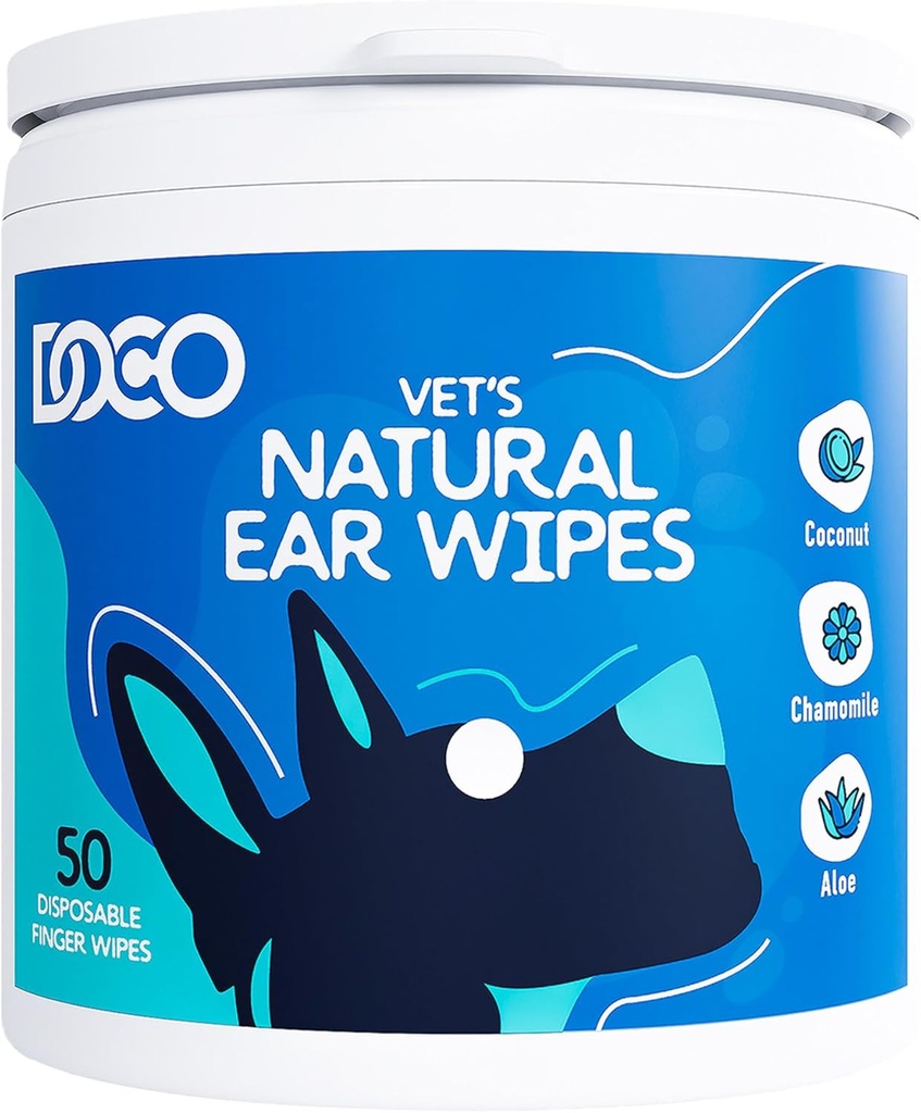 DOCO Dog Ear Cleaner Wipes Finger Cleaning Kit for Dogs & Cats Eucalyptus, Rumomile & Aloe Cat Ear Cleaner Soothes, Deodorizes & Pomaga Itchy Ears (50 Count)