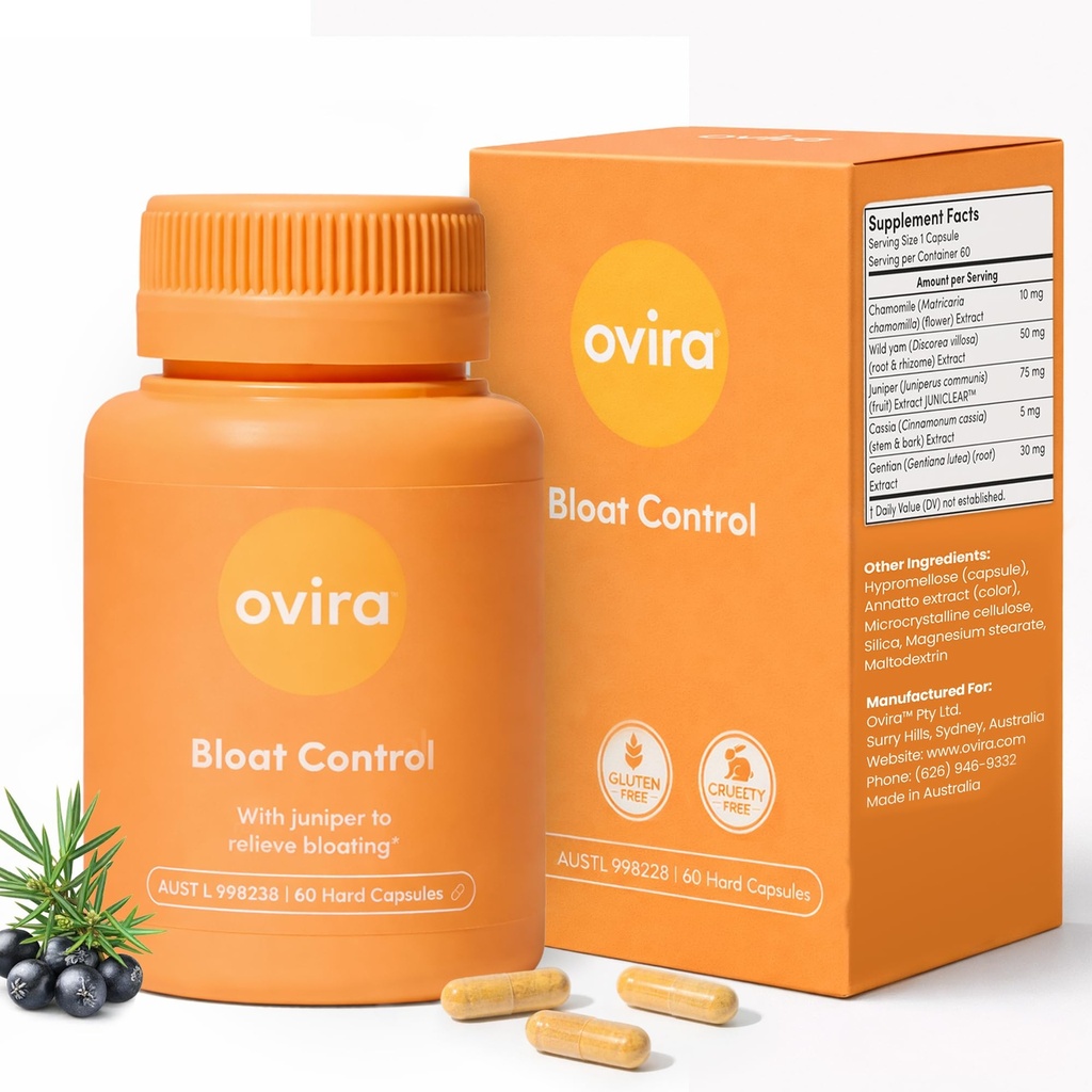 Ovira Bloat Control Supplement with JUNICLEAR - 60 Kapsułek na gaz i rozkwit Relief 124; Efektywne Debloating dla kobiet i mężczyzn 124; Pomaga zachować wodę i promocje zdrowia trawiennego - Pakiet 1