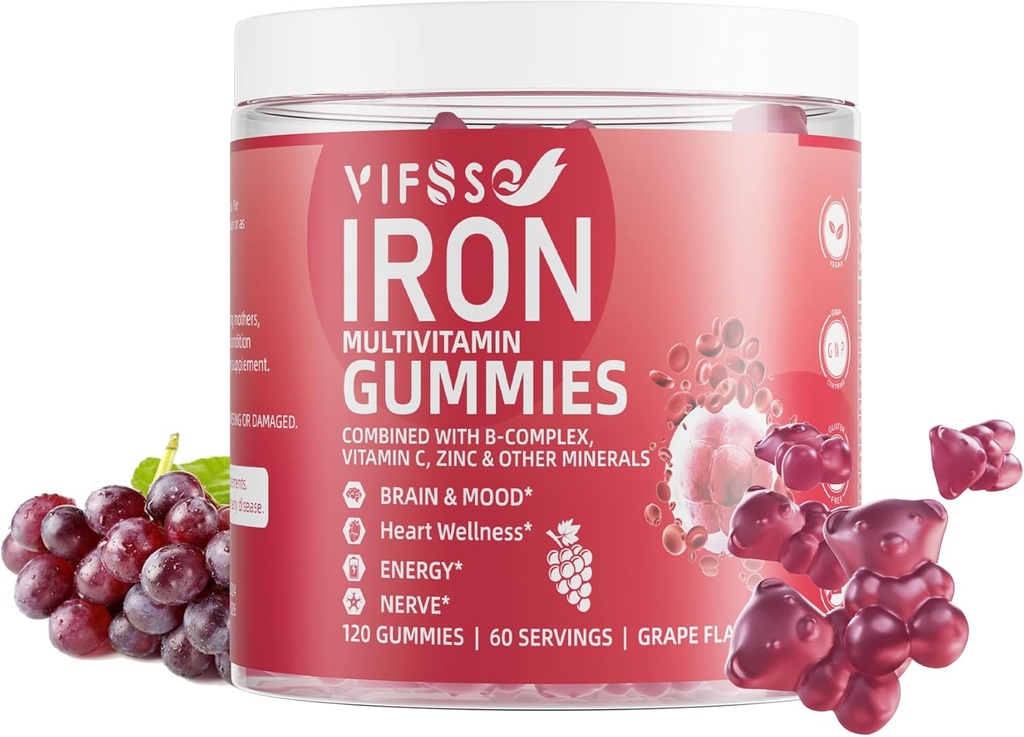 Żelazne Gumiaki Sugar Free, 120 Gumiaki Suplement żelaza dla kobiet Multivitamin z żelazem, Witaminy i Cynk dla kobiet, Mężczyźni i dzieci - Smak winogronowy, Suplement wegański, Folate for Energy - No After Taste