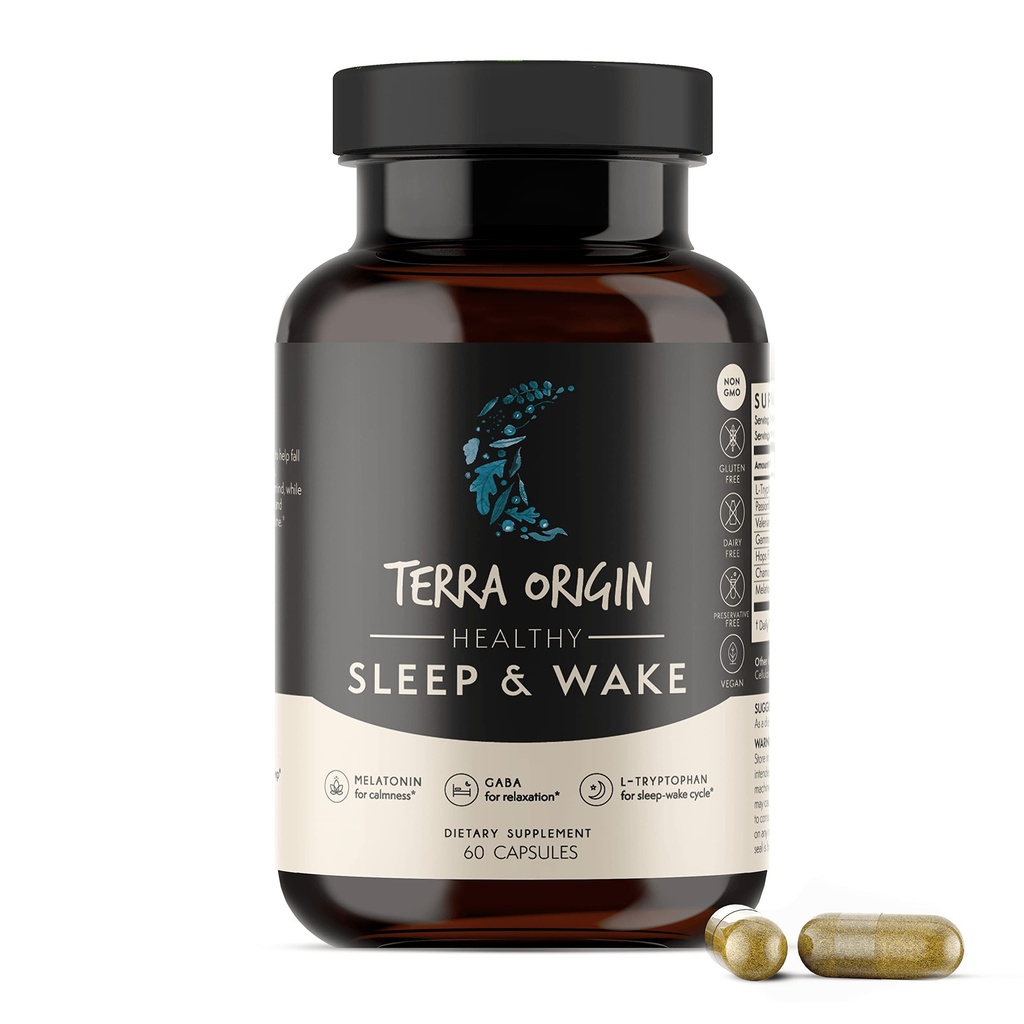 TERRA ORIGIN Zdrowy sen & Wake 124; Naturalny suplement pomocy snu dla dorosłych 124; Restful and Awake Odświeżone 124; GABA, L- Tryptofan, Melatonina, Rumianek, Valerian, PassionFlower