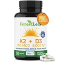 ForestLeaf Witamina D3 + K2 (MK7) Suplement - MenaQ7 - Wapń i Witamina D3 5000 j.m. Max Wchłanianie - Zęby i wytrzymałość kości, Zdrowie serca, Wsparcie układu immunologicznego - 60 Kapsułki wegetariańskie