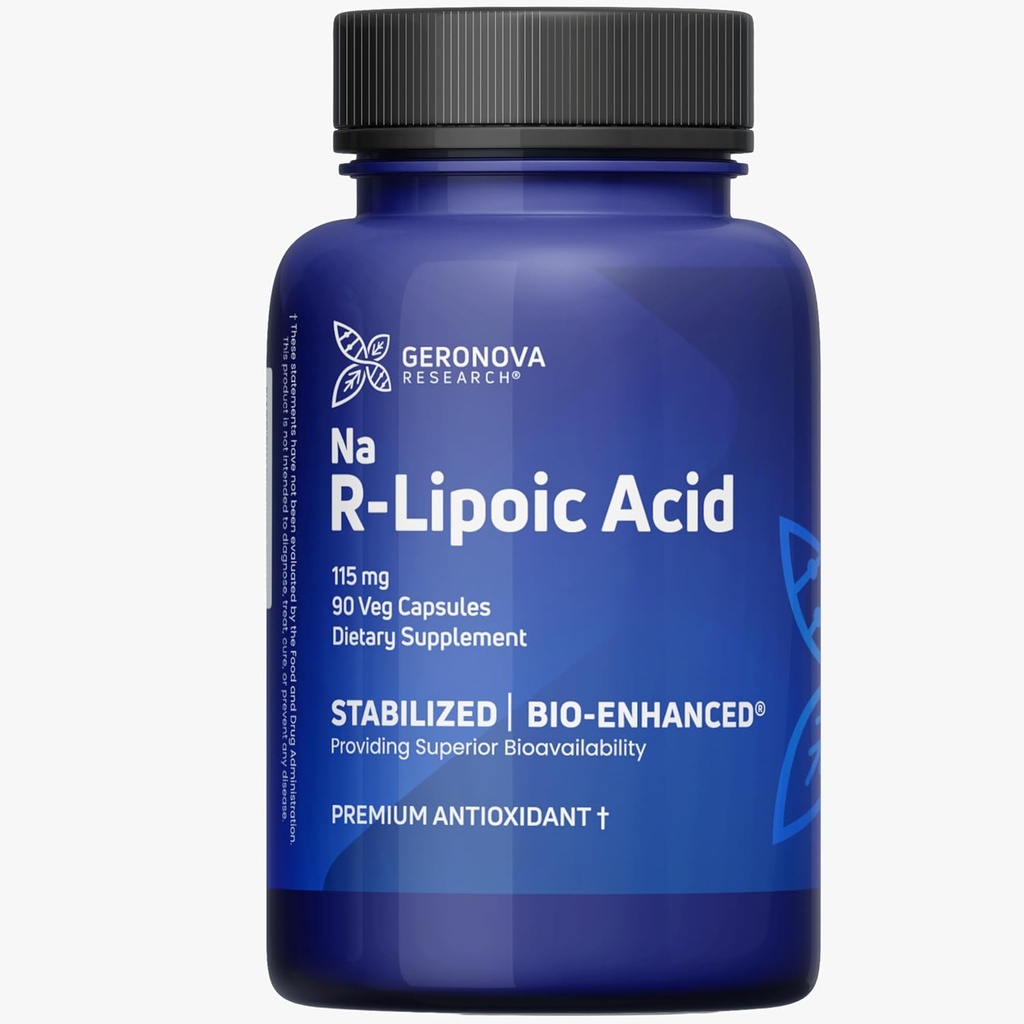 Geronova Research Bio- Enhanced R- Lipoic Acid, 115 mg Kapsułki - 3 Miesiące Dostawy - Stabilizowany R Alpha Lipoic Acid with Enhanced Absorption - R Lipoic Acid Supplement - 90 Count