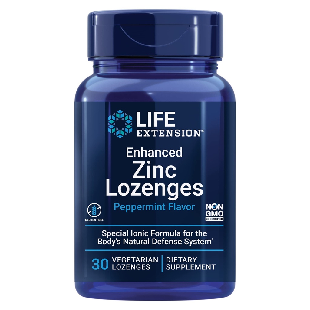 Rozszerzenie życia Wzmocnione Lozengi cynku, Octan cynku, Optymalne wsparcie immunologiczne, Silna odpowiedź immunologiczna, Jonowy cynk, Non-GMO, Gluten- Free, Wegetarianin, 30 Lozenges