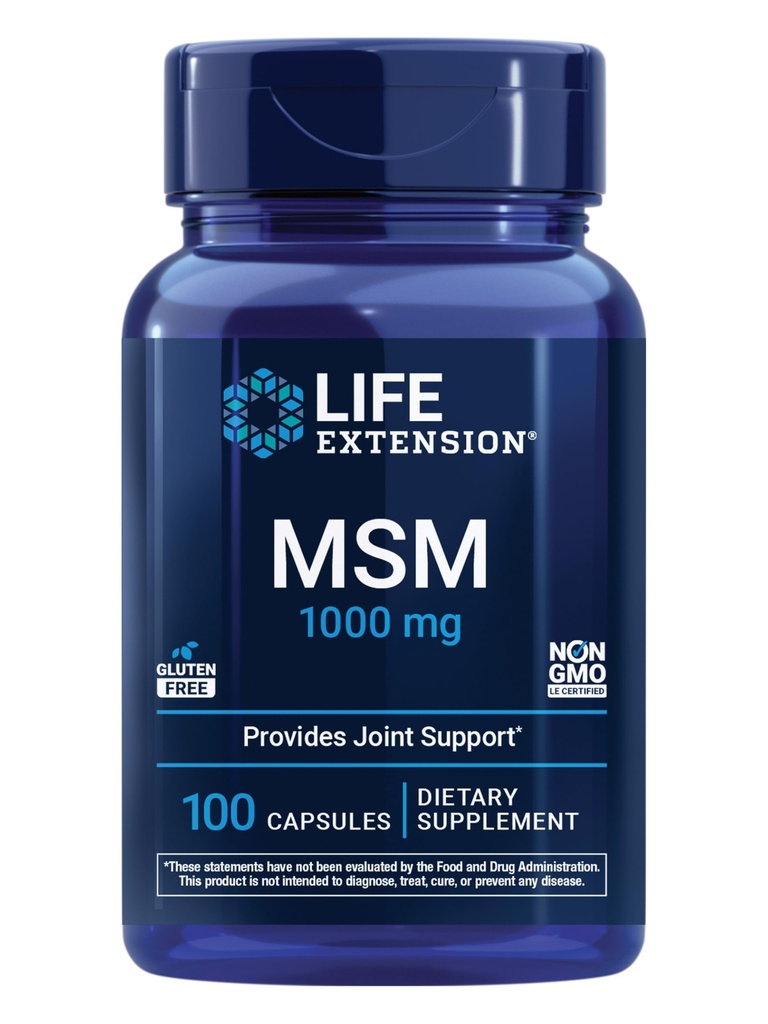 Wydłużenie życia MSM, 1000 mg, metylosulfonylometan, Wspomaga zdrowe połączenia, przeciwutleniacze Wsparcie, Bezglutenowe, Non-GMO, 100 Kapsułki