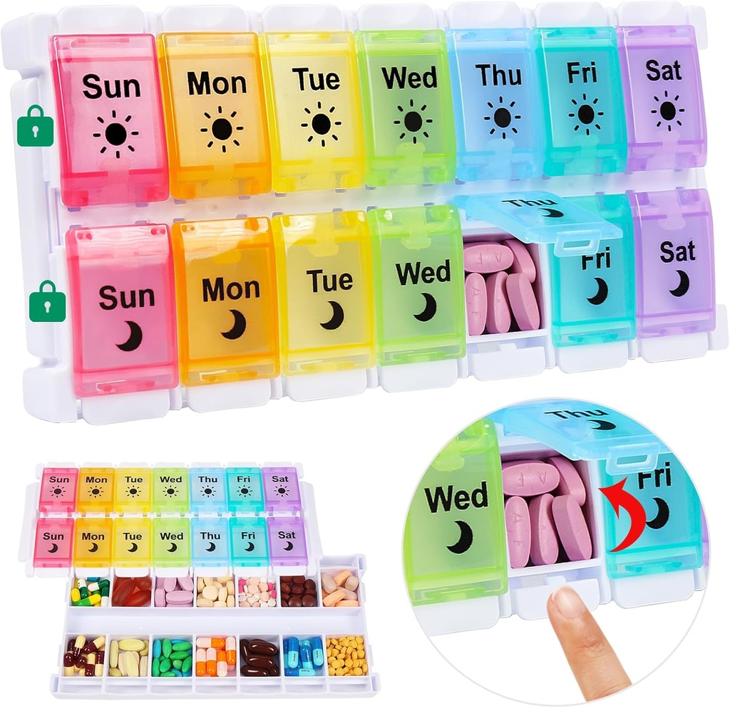Shintop Am Pm Pill Organizator 7 dzień, Push Button Weekly Pill Box 2 razy dziennie Easy Napełnij Pill Holder Day Witamina Case for Medications Fish Oil Supplements (Rainbow)