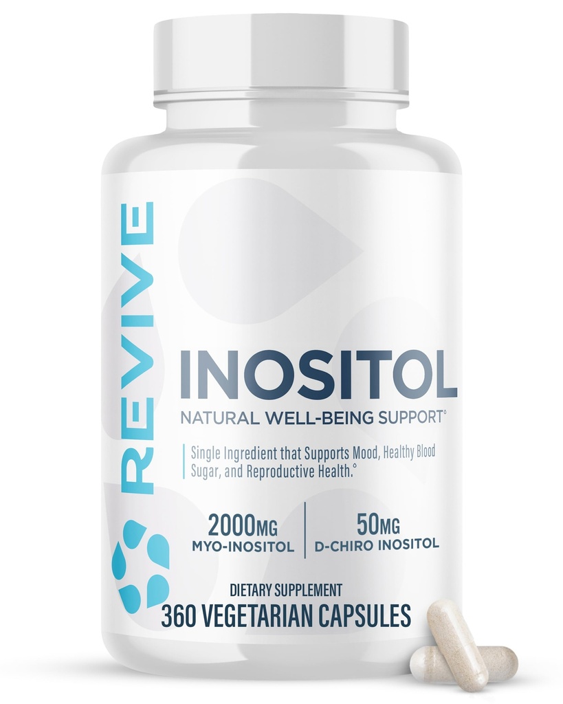 Revive MD Inositol Suplement dla mężczyzn i kobiet - Wsparcie nastrojów, Równowaga Hormonalna, Zdrowy Cukier Krew & Reproductive Health - Vegan- Friendly, Gluten- Free - 360 Kapsułki wegetariańskie - 180 Służenie