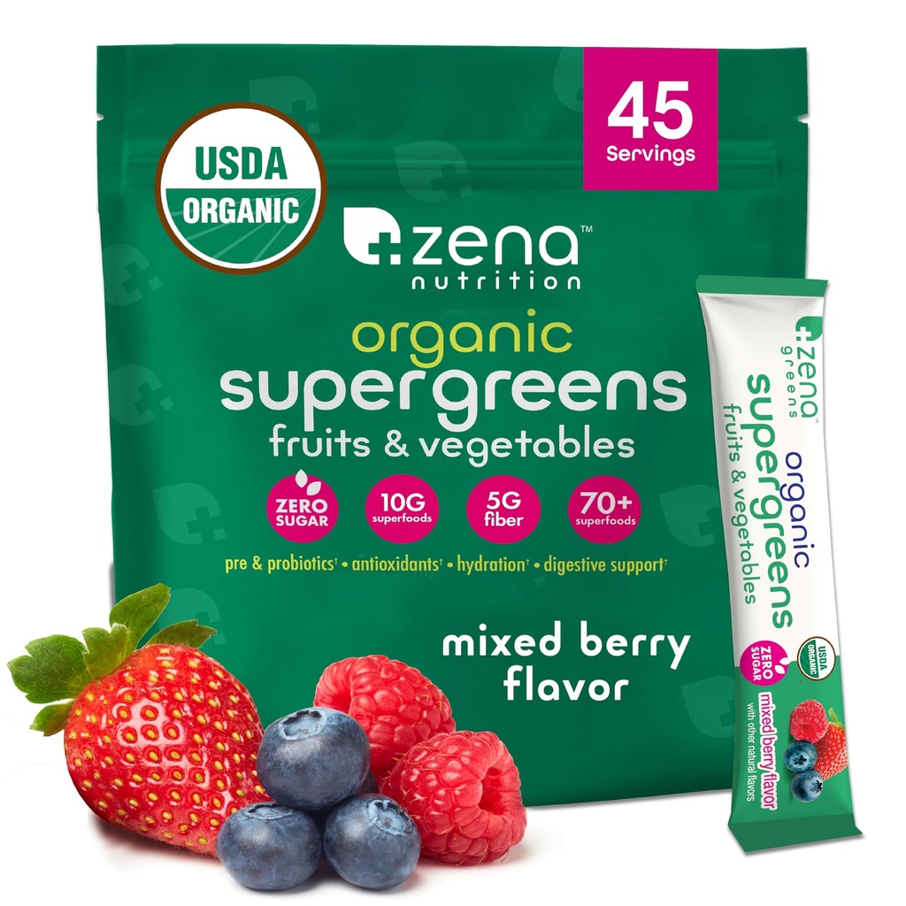 Zena Nutrition Organic Super Zielonych Proszek, 70 + Superfoods, 0 Cukier, Fiber 5G, Spirulina, Chlorella, Przeciwutleniacze, Prebiotyki / Probiotyki, Enzymy trawienne, Mieszane Berry, 45 Pakiety mieszanki napojów