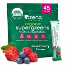Zena Nutrition Organic Super Zielonych Proszek, 70 + Superfoods, 0 Cukier, Fiber 5G, Spirulina, Chlorella, Przeciwutleniacze, Prebiotyki / Probiotyki, Enzymy trawienne, Mieszane Berry, 45 Pakiety mieszanki napojów