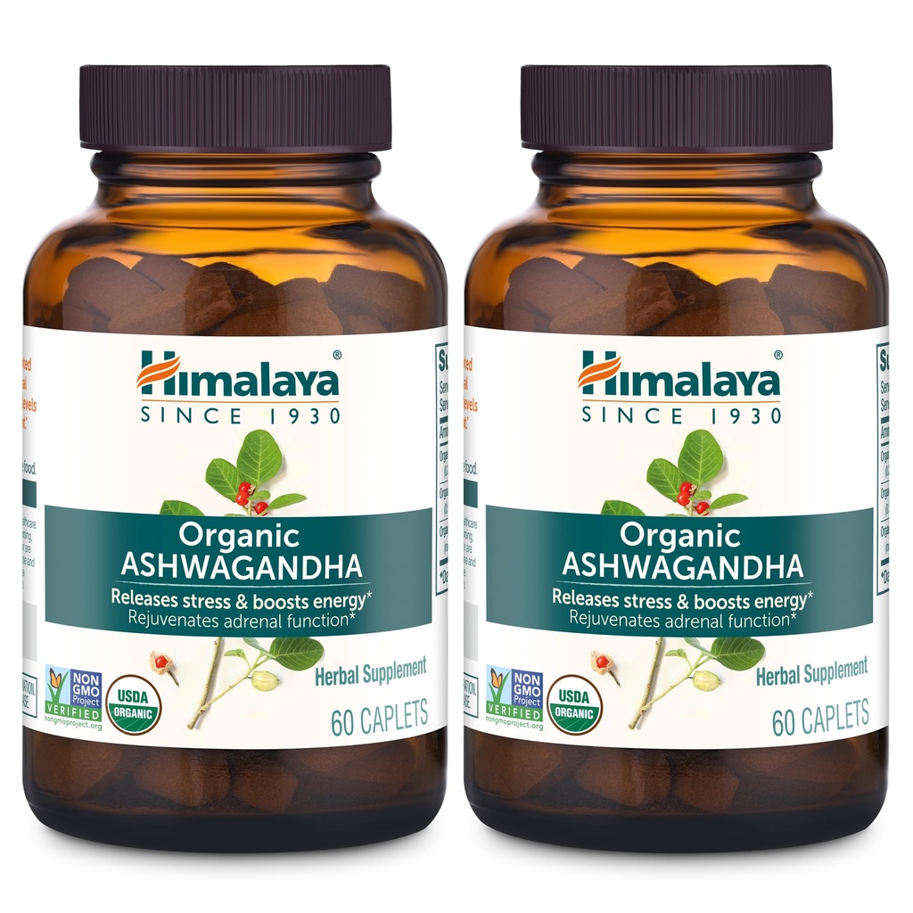 Himalaya Organic Ashwagandha, 120 Day Supply, Herbal Supplement for Stress Relief, Wsparcie energetyczne, Okazjonalna bezsenność, USDA Organic, Non-GMO, Wegan, Gluten Free, 670 mg, 60 Kapsułki, 2 Pack