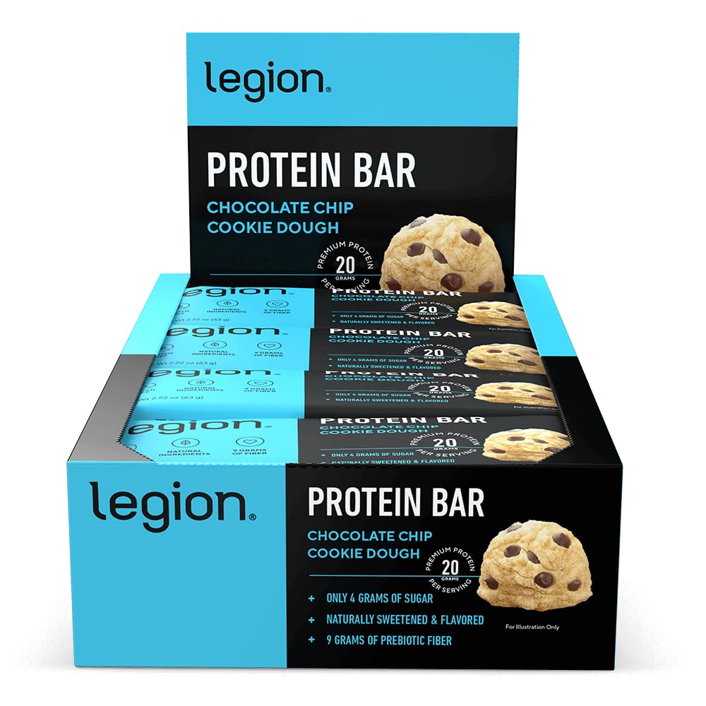 Legion Chocolate Chip Cookie Dough Protein Bar - 100% serwatka protein Low Sugar High Protein with Prebiotic Fiber - Wolny od soi, Gluten Free, naturalnie smakowane, o niskiej zawartości tłuszczu, Wysokie białka Bary (12 Count)
