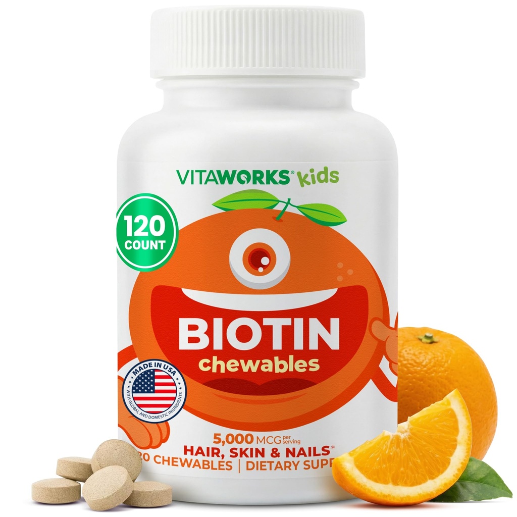Dzieci Biotin 5000mcg Tabletki do rozgryzania i żucia 124; Smaczne suplementy do biotin 124; Wegan, Nie GMO 124; Wzrost włosów, Skóra i Nail Heath 124; Witaminy do włosów dla dzieci 124; 120 Chewables