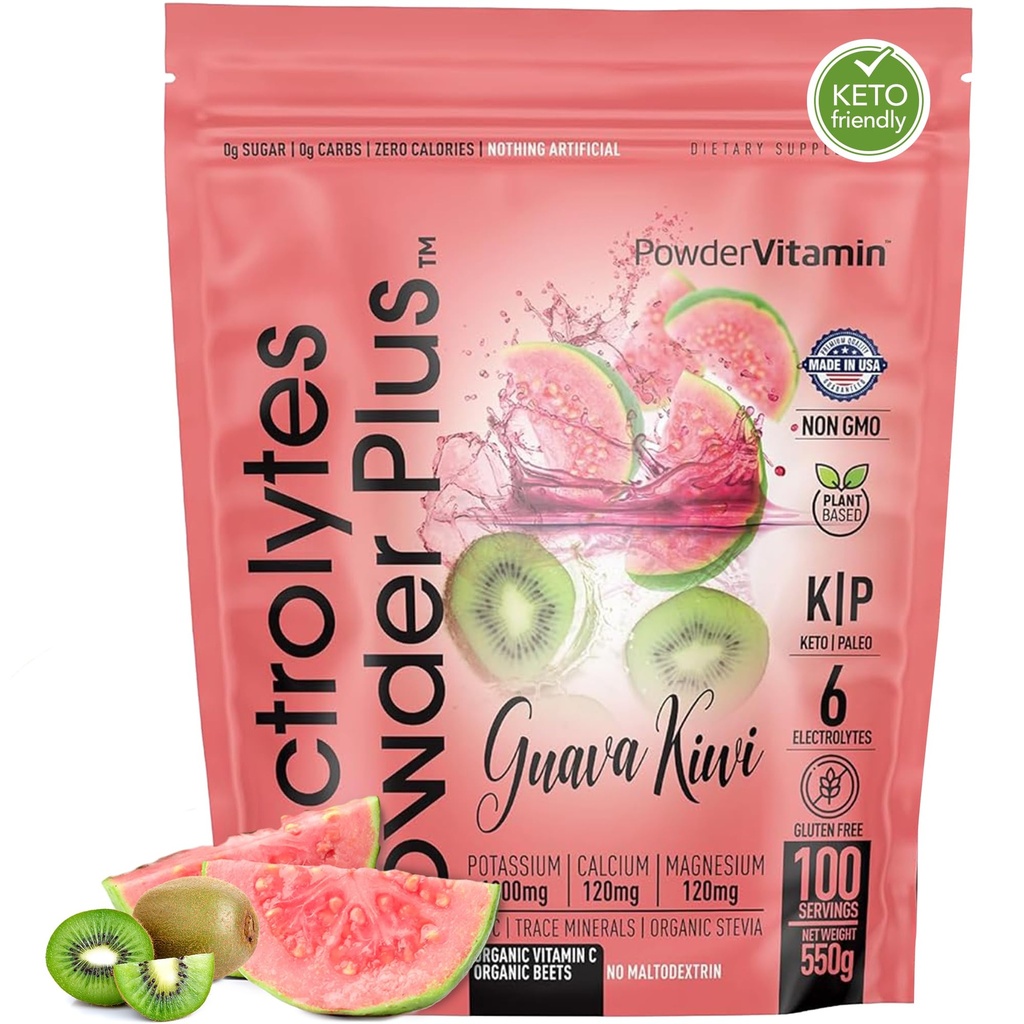 Proszek PowderWitamina Electrolytes Plus (100 Servings) Guava Kiwi Electrolyte Powder, Zero Calorie, Keto, 0 Cukier, Nie Maltodekstryna, 1000mg potasu, 120mg wapnia, 120mg magnezu, Proszek nawadniający