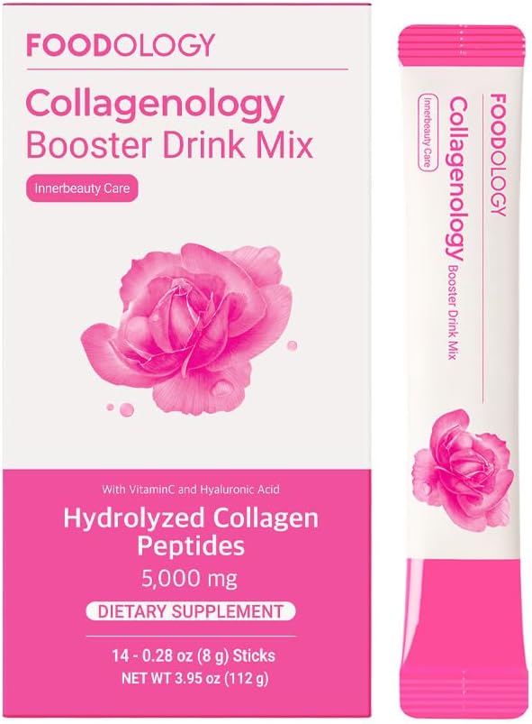 FOODOLOGY Collagenology Booster Drink Mix (Pack of 1, 14 Days) - Elastyczność skóry, Synteza kolagenowa, Hydration. Zhydrolizowane peptydy, biotyna, witaminy.