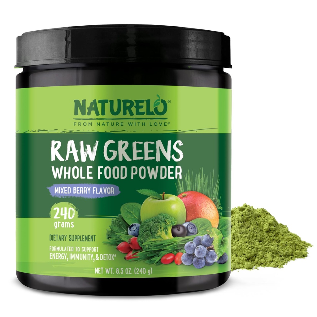NATURELO Surowych Zielonych Superfood Proszek 240 Gramy, Mieszane Berry - Wspiera energię, Odporność i Detox - Zawiera Spirulina, Trawa pszenna i Zieleń organiczna dla całego żywienia żywności