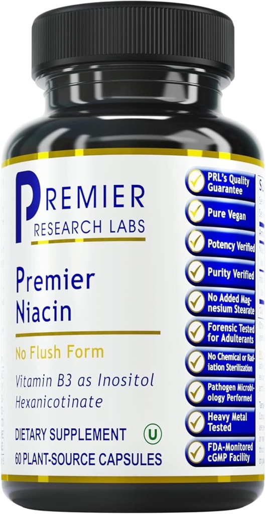 Premier Research Labs Niacin - Flush Free Niacin with Inositol Hexanicotinate, Niacin No Flush, B3 Niacynamid witaminy suplement do wspomagania krążenia krwi - 60 Kapsułki wegetariańskie