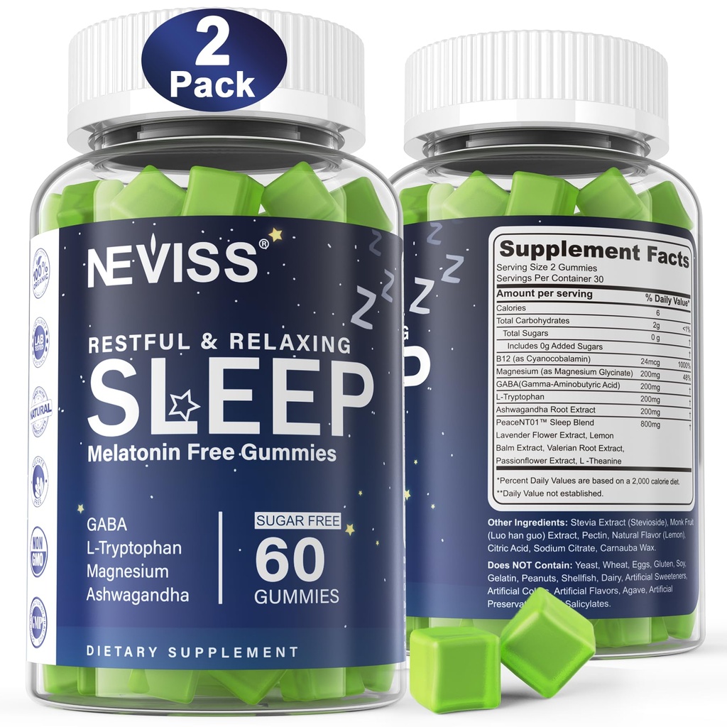 NEVISS Melatonina bezsenne Gummies pomoc dla dorosłych - Magnezu Gummies Glucinate 124; GABA, L- Tryptofan, Magnez, Ashwagandha - Non-Habit Forming, Pomoc dla głębokiej relaksacji - Wegan, Lemon Flavor, 2Pack