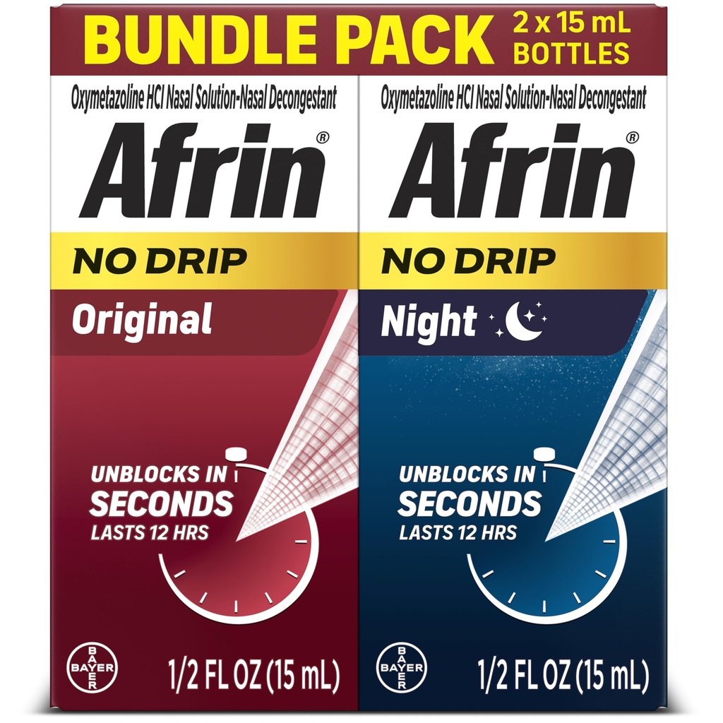 Afrin no Drip Original + Night Nasal Mist Bundle Pack, Non- Drowsy, Fast- Acting Decongestant for nosal Congestion and Sinus Pressure Relief, Dorośli i Dzieci 6 i Starsze, .5 fl oz (Opakowanie 2)