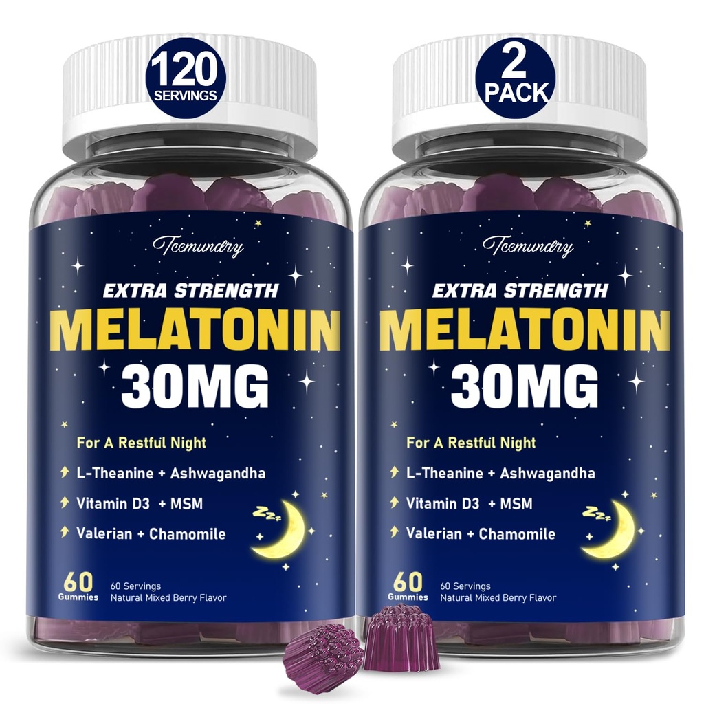 Melatonina Gummies 30 mg dla dorosłych: Maksymalne stężenie Melatoniny Suplement z L- Theanine, Ashwagandha, MSM, Witamina D3 i Cynk - Non-Habit Forming, Naturalne mieszane Berry Flavor 60 Count (Pack of 2)