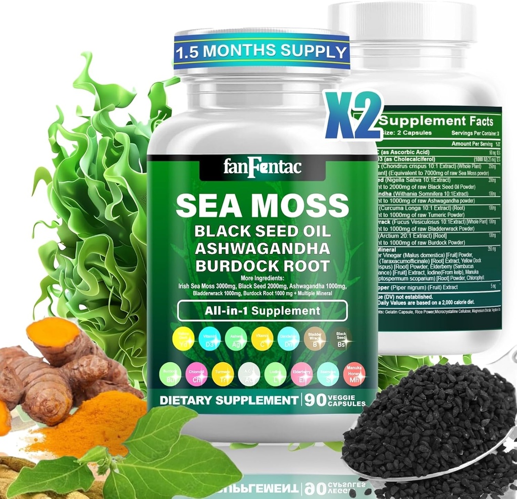 Sea Moss 7000mg - Black Seed Oil 2000mg - Ashwagandha 1000mg - Bladderwrack 1000mg - Turmeric 1000mg - Burdock 1000mg - Witamina C 90mg - Witamina D3 1000IU - Minerały wielokrotne 350mg - 180 Kapsułki