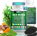 Sea Moss 7000mg - Black Seed Oil 2000mg - Ashwagandha 1000mg - Bladderwrack 1000mg - Turmeric 1000mg - Burdock 1000mg - Witamina C 90mg - Witamina D3 1000IU - Minerały wielokrotne 350mg - 180 Kapsułki