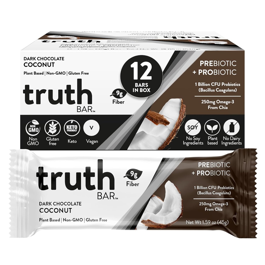 Truth Bar Healthy Snack, Omega 3 z Chia, Rośliny oparte, Prebiotyki i Probiotyki, Wysokie włókno, Niski cukier, Keto, Kosher, Dark Chocolate, Wegan, Gluten Free, 12 Ct, 45g ea.