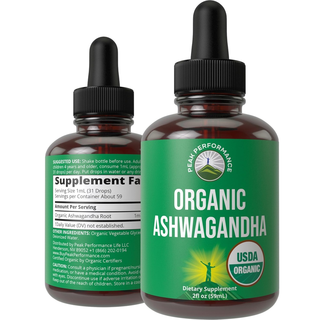 Ashwagandha Liquid Drops. USDA Organic Vegan Supplement. Ekstrakt Extra Siła Ashwagandha Root dla kobiet, mężczyzn, dzieci z Adaptogens. Zero Sugar, Organic, Guten Free Tincture Supplements.