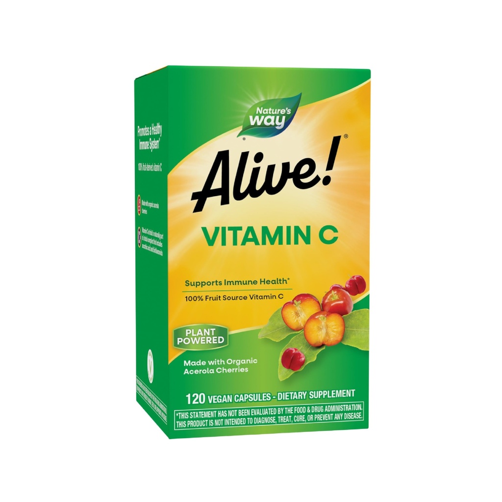Nature 's Way Alive! Suplement witaminy C Made with Organic Acerola Wiśnie, Wsparcie immunologiczne *, Wsparcie przeciwutleniacze *, 100% Źródło owoców Witamina C, 120 Kapsułki (Opakowania maja Wary)