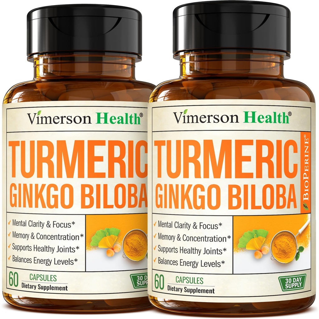 Ginkgo Biloba i Kurkumina Kurkumina suplement w / Czarny pieprz & Organic Tumeric - Naturalny suplement Turmeric for Focus, Memory, Joint & Brain Health - Vegan Ginko Biloba kapsułki w / Curcuma - 2 opakowania